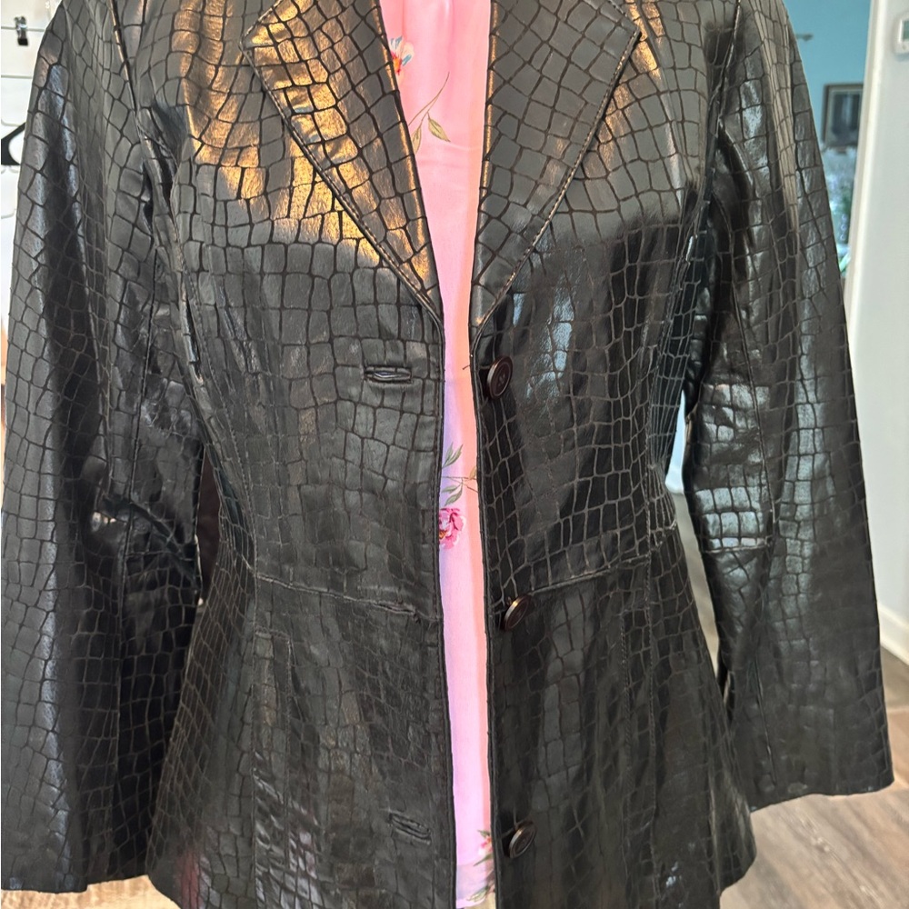 Dialogue Shiny Black Croc-Patterned genuine LEATHER Blazer xs - Picture 7 of 11